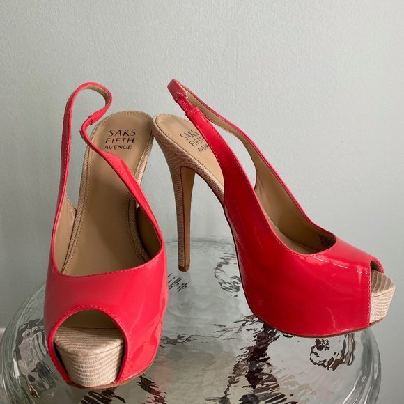 Saks Fifth Avenue Shoes - Saks Fifth Avenue Red Patent Leather Peep Toe Platform Heels Size 6